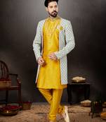 Dark yellow to cream mix colur havy classic indowestern sherwani with thread and less work with extra palla