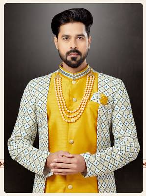 Dark yellow to cream mix colur havy classic indowestern sherwani with thread and less work with extra palla 2