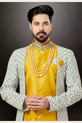 Dark yellow to cream mix colur havy classic indowestern sherwani with thread and less work with extra palla
