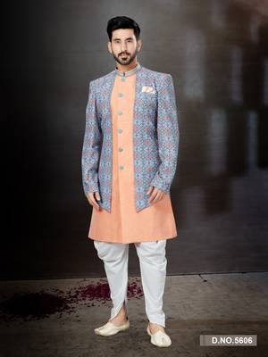 Peach to blue and mix colour havy classic indowestern sherwani with thread and less work with extra palla 1