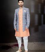 Peach to blue and mix colour havy classic indowestern sherwani with thread and less work with extra palla