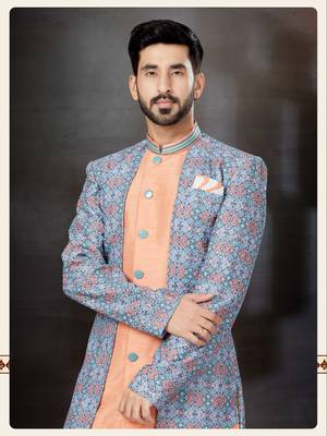 Peach to blue and mix colour havy classic indowestern sherwani with thread and less work with extra palla 2