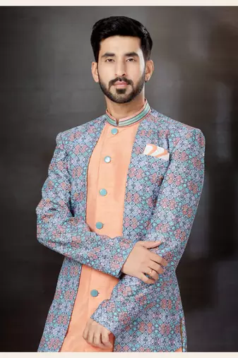 Peach to blue and mix colour havy classic indowestern sherwani with thread and less work with extra palla
