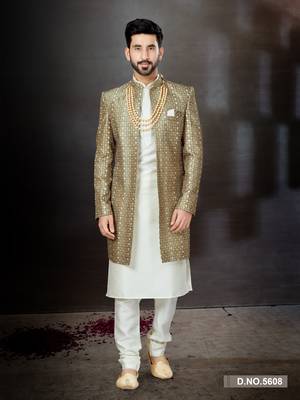 Off white to gray mix colour havy classic sherwani with thread embroidered n stones work over the sherwani & kurta 1
