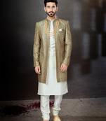 Off white to gray mix colour havy classic sherwani with thread embroidered n stones work over the sherwani & kurta