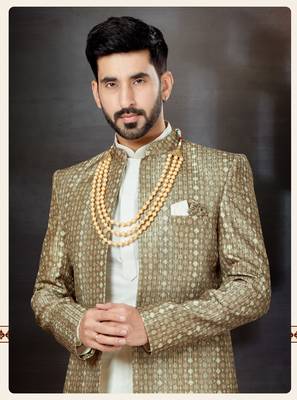 Off white to gray mix colour havy classic sherwani with thread embroidered n stones work over the sherwani & kurta 2