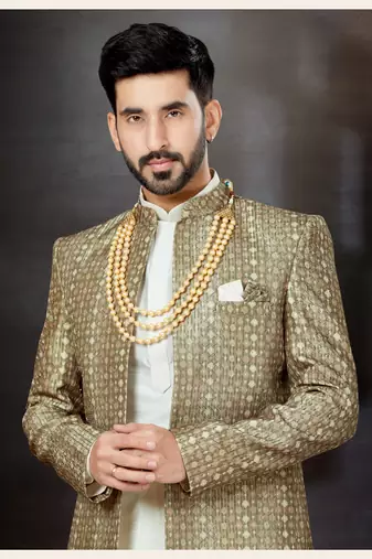 Off white to gray mix colour havy classic sherwani with thread embroidered n stones work over the sherwani & kurta