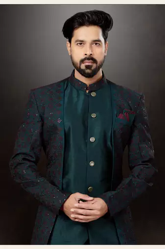 Bottal green havy classic indowestern sherwani with thread and less work with extra palla