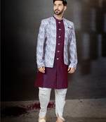 Blue to off white mix colour havy classic indowestern sherwani with thread and less work with extra palla