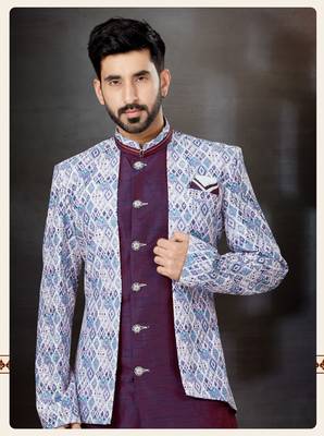 Blue to off white mix colour havy classic indowestern sherwani with thread and less work with extra palla 2
