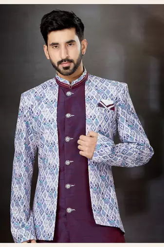 Blue to off white mix colour havy classic indowestern sherwani with thread and less work with extra palla