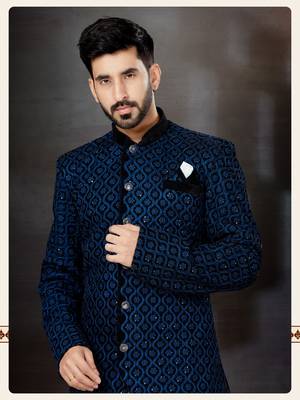 Black to blue havy  indowestern sherwani with thread and less work with fansy batton 2