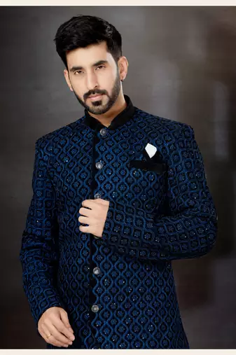 Black to blue havy  indowestern sherwani with thread and less work with fansy batton