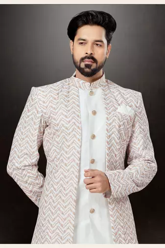 Off white & mix colour havy classic indowestern sherwani with thread and less work with extra palla