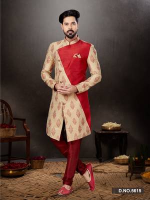 Maroon to gold havy  indowestern sherwani with thread and less work with fansy batton 1