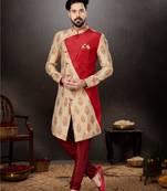 Maroon to gold havy  indowestern sherwani with thread and less work with fansy batton
