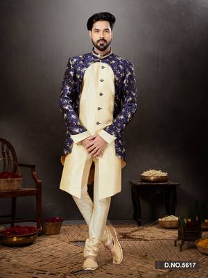 Nevy blue to gold havy classic indowestern sherwani with thread and less work with extra palla 1
