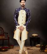 Nevy blue to gold havy classic indowestern sherwani with thread and less work with extra palla