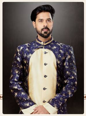 Nevy blue to gold havy classic indowestern sherwani with thread and less work with extra palla 2