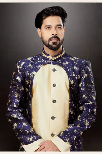 Nevy blue to gold havy classic indowestern sherwani with thread and less work with extra palla