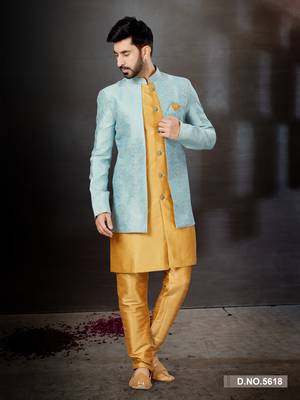 Sky blue to cheekoo havy classic indowestern sherwani with thread and less work with extra palla 1