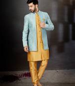 Sky blue to cheekoo havy classic indowestern sherwani with thread and less work with extra palla