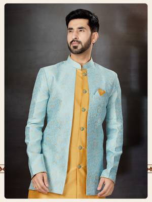 Sky blue to cheekoo havy classic indowestern sherwani with thread and less work with extra palla 2
