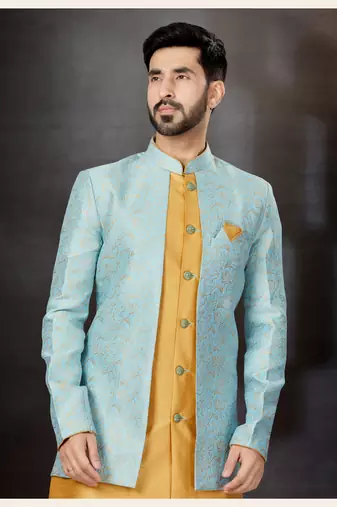 Sky blue to cheekoo havy classic indowestern sherwani with thread and less work with extra palla