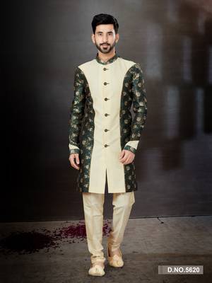 Gold to bottal green havy  indowestern sherwani with thread and less work with fansy batton 1