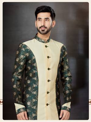 Gold to bottal green havy  indowestern sherwani with thread and less work with fansy batton 2