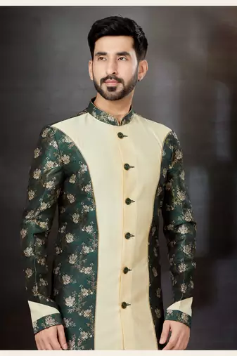 Gold to bottal green havy  indowestern sherwani with thread and less work with fansy batton