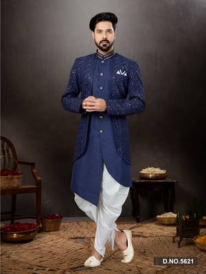 Dark blue  havy classic indowestern sherwani with thread, strar, stone, and less work with extra palla 1