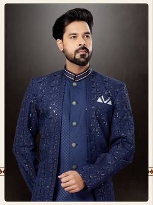 Dark blue  havy classic indowestern sherwani with thread, strar, stone, and less work with extra palla 2