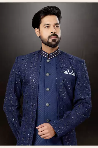 Dark blue  havy classic indowestern sherwani with thread, strar, stone, and less work with extra palla