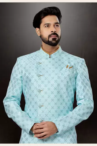 Firozi havy  indowestern sherwani with  less work with fansy batton