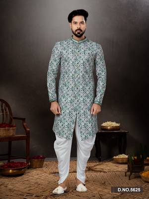 Green to off white mix colour havy  indowestern sherwani with  less work with fansy batton 1