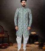 Green to off white mix colour havy  indowestern sherwani with  less work with fansy batton