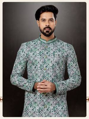 Green to off white mix colour havy  indowestern sherwani with  less work with fansy batton 2