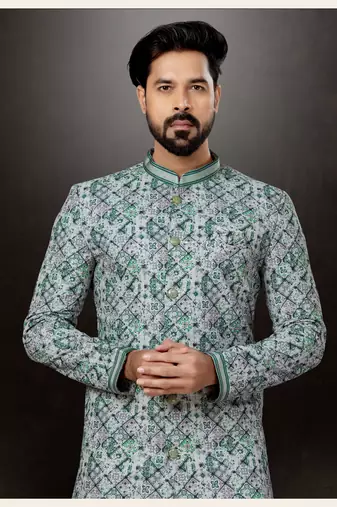 Green to off white mix colour havy  indowestern sherwani with  less work with fansy batton