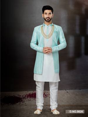 Firozi and off white havy classic sherwani with thread embroidered n stones work over the sherwani & kurta 1