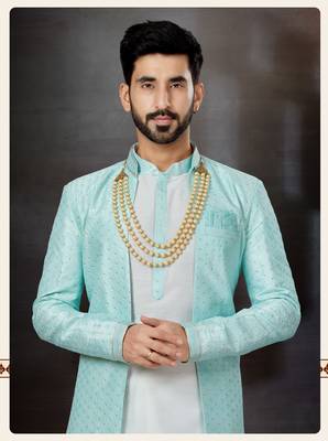 Firozi and off white havy classic sherwani with thread embroidered n stones work over the sherwani & kurta 2