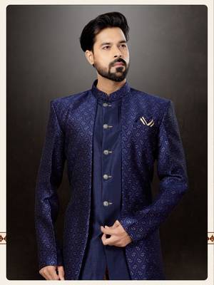 Nevy blue  havy classic indowestern sherwani with thread and less work with extra palla 2