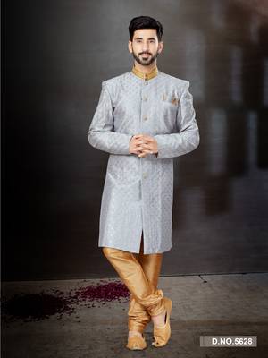 Gray havy classic indowestern sherwani with stone zari work with fansy batton 1