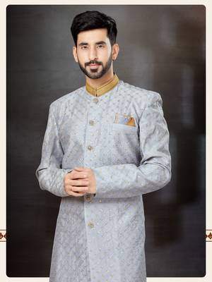Gray havy classic indowestern sherwani with stone zari work with fansy batton 2