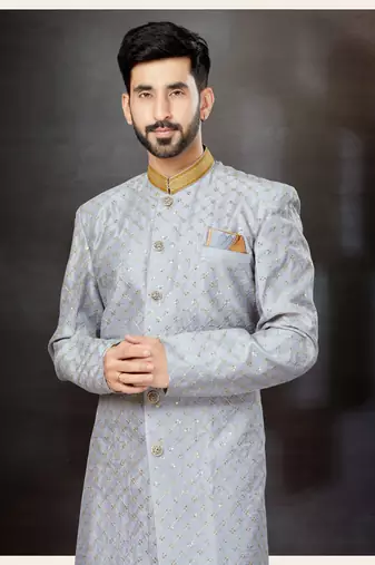 Gray havy classic indowestern sherwani with stone zari work with fansy batton