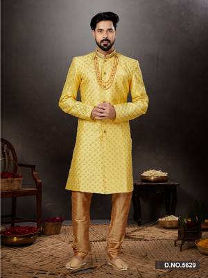 Yellow  havy classic indowestern sherwani with stone zari work with fansy batton 1