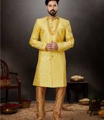 Yellow  havy classic indowestern sherwani with stone zari work with fansy batton