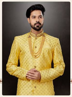 Yellow  havy classic indowestern sherwani with stone zari work with fansy batton 2