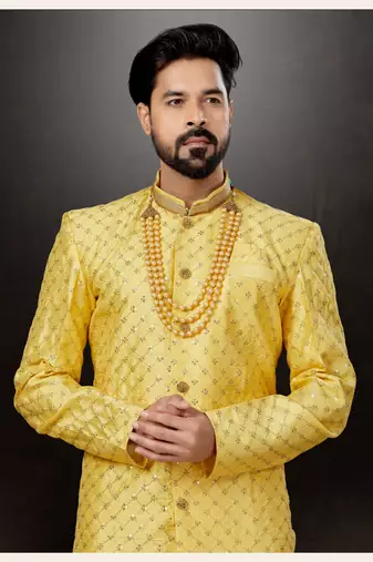 Yellow  havy classic indowestern sherwani with stone zari work with fansy batton