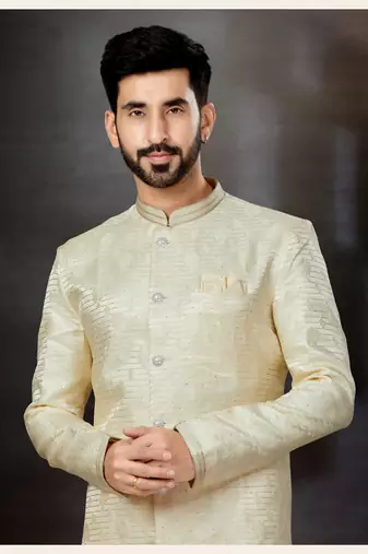 Cream  havy classic indowestern sherwani with stone zari work with fansy batton